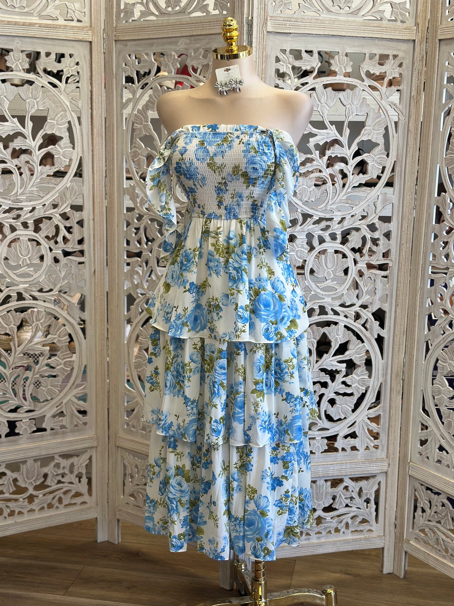 Ruffle Blue Floral Midi Dress- Estira,