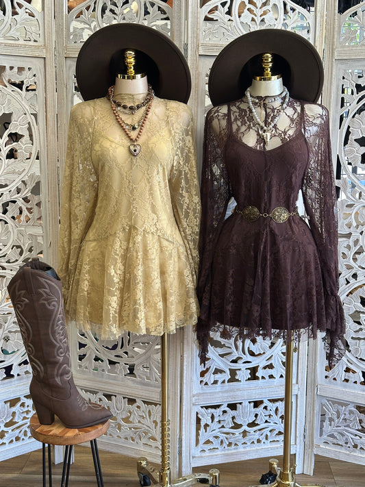 Desert Rose Sheer Lace Flared Mini Dress - Stretchy,Estira