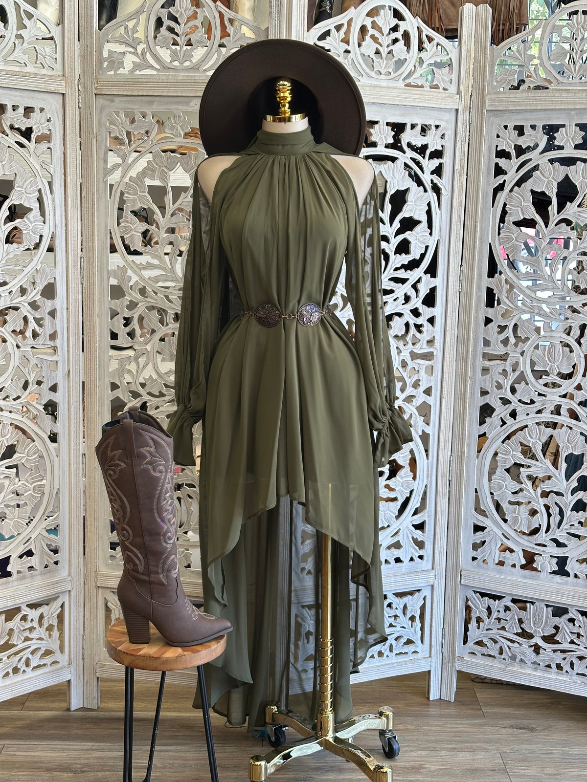 Olive Mesa Cold Shoulder Dress- Estira, Stretchy