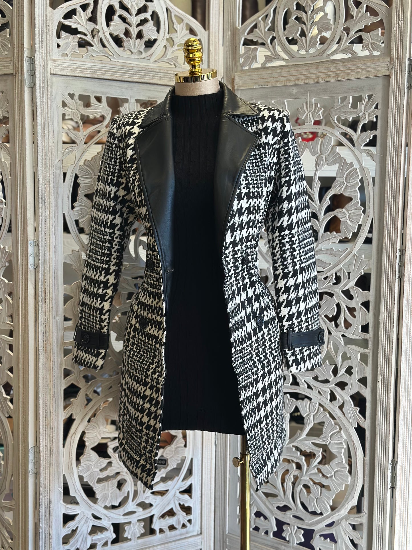 Houndstooth Faux Leather Coat