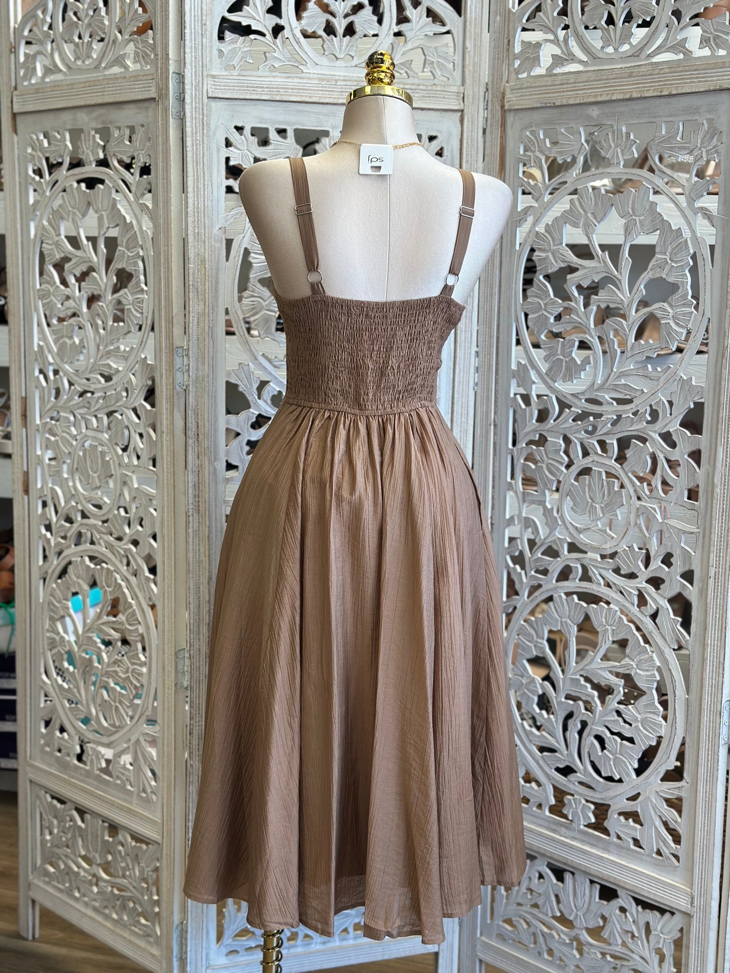 Brown Ruched Bust Mid Dress - Estira, Stretchy