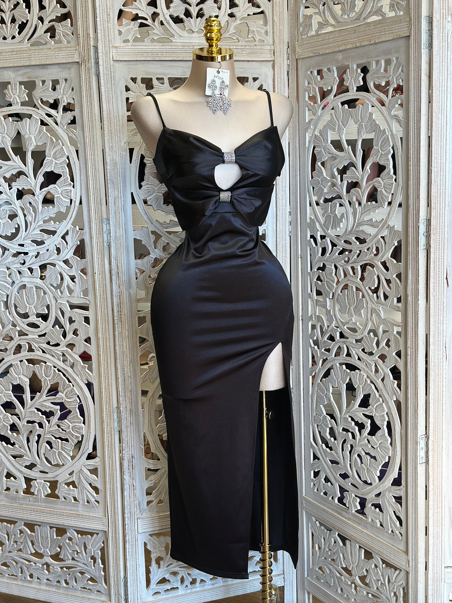 Rhinestone Bow Black Dress- Stretchy,Estira