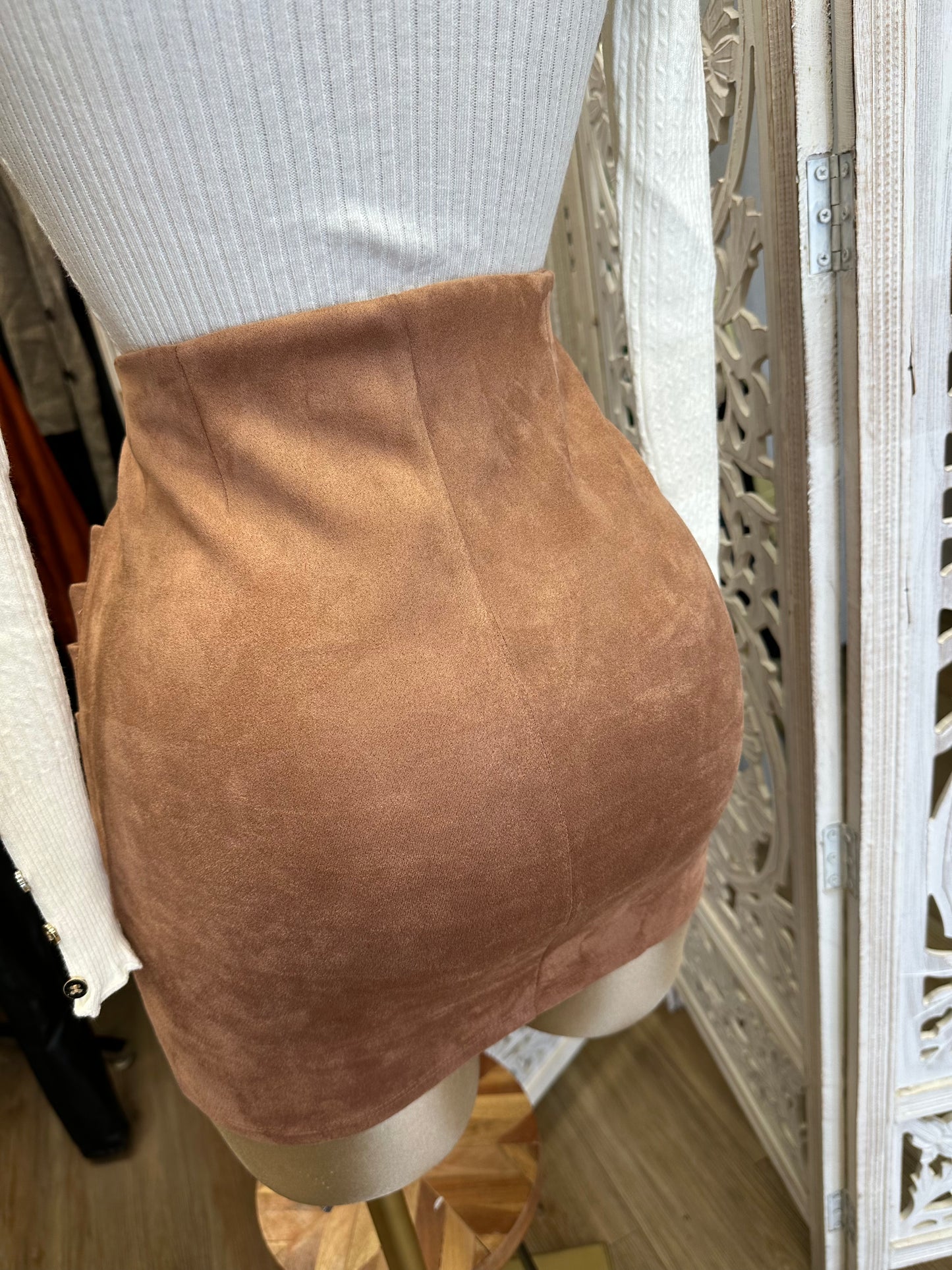 Brown Suede Draped Mini Skirt