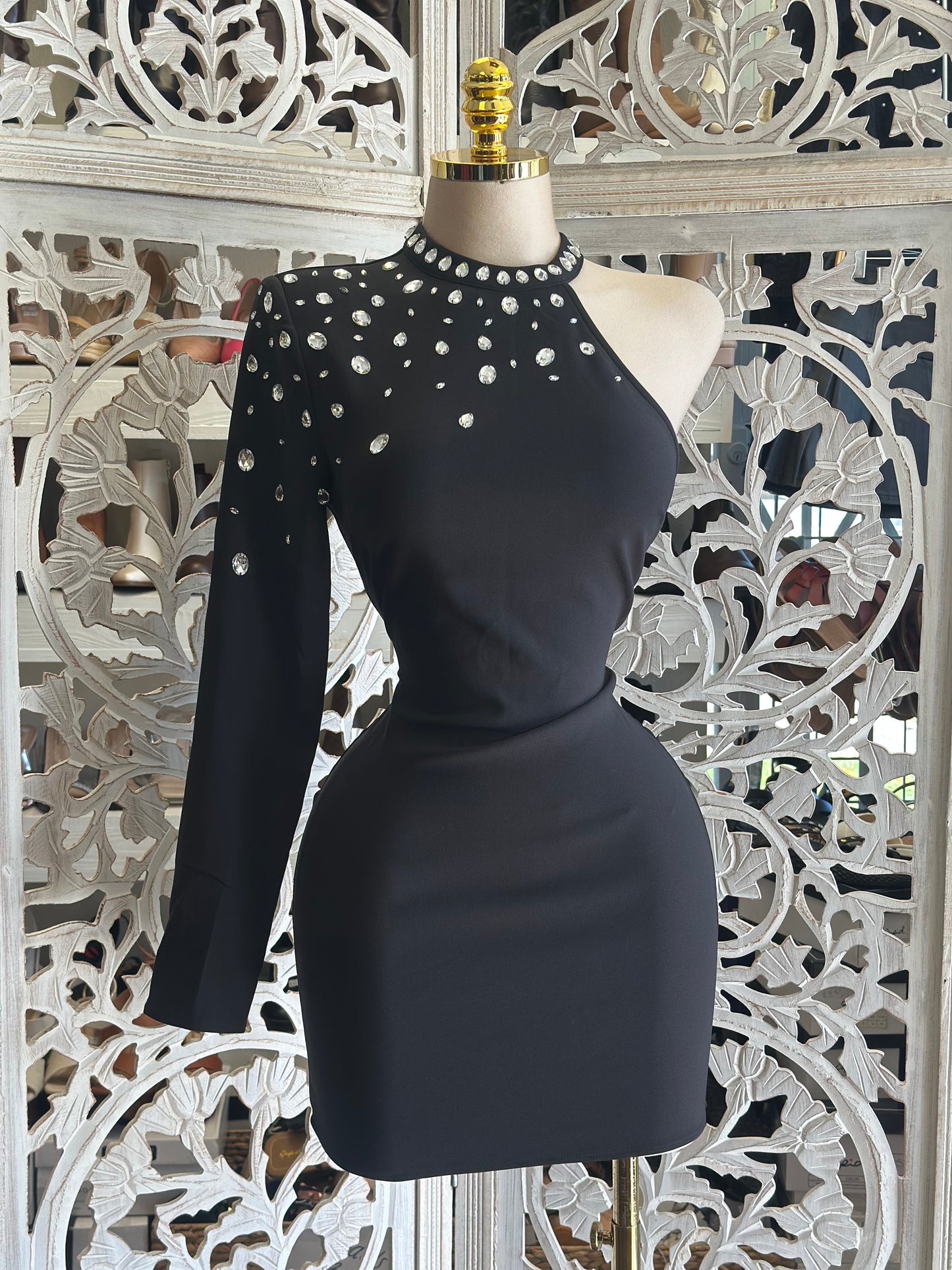 Embellished Black Cutout Mini Dress- Slightly Stretchy,Estira Poco