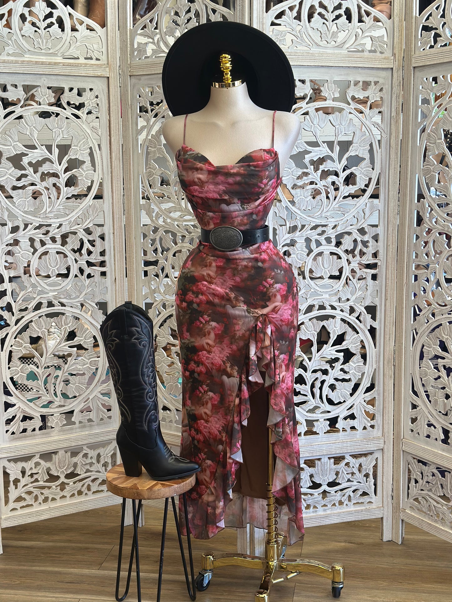 Angel Print Ruffle Slit Dress-Estira, Stretchy