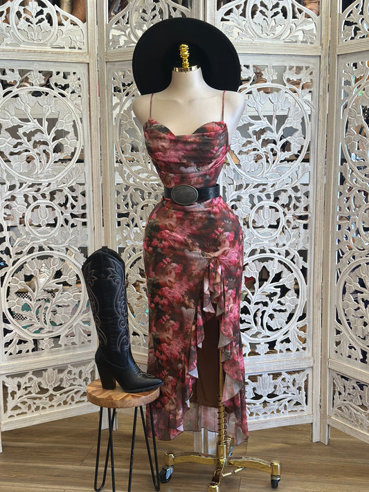 Angel Print Ruffle Slit Dress-Estira, Stretchy