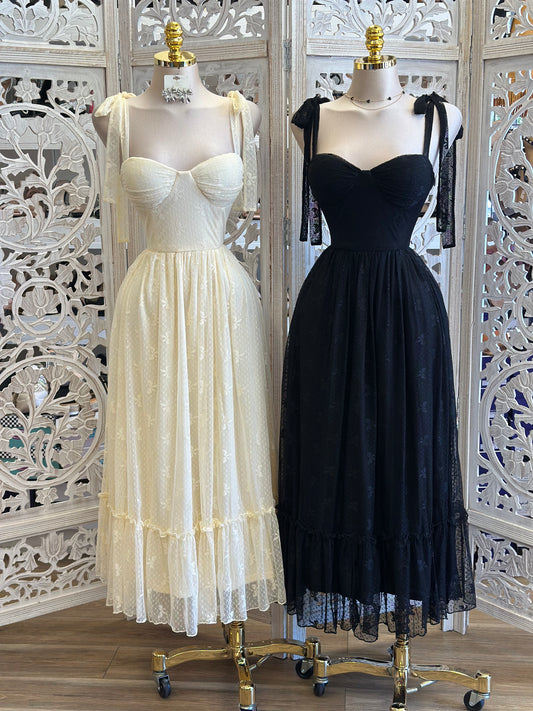 Lace Ribbon Strap Midi Dress - Estira, Stretchy