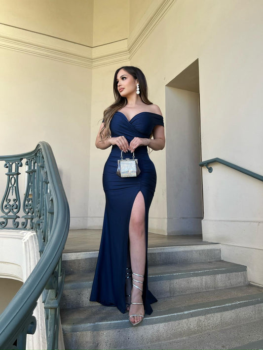 Deep Blue Heartline Off Shoulder Gown- Stretchy, Estira