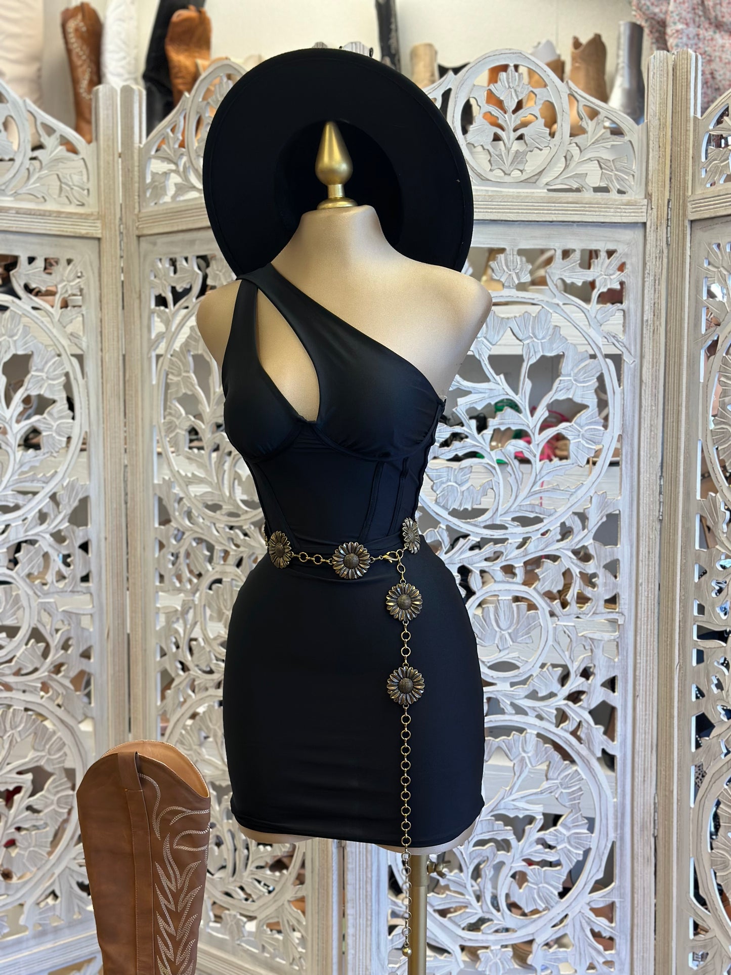 Cutout One Sleeve Black Corset Dress