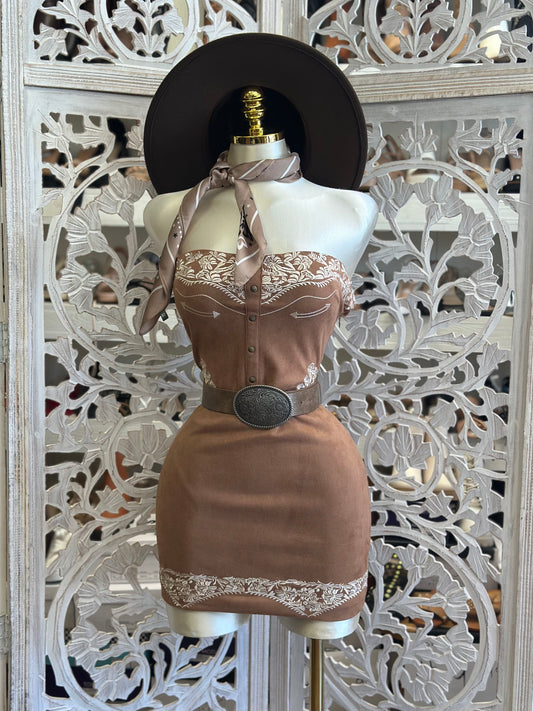 Suede Brown Embroidered  Mini Dress - Estira Poco, Slightly Stretchy