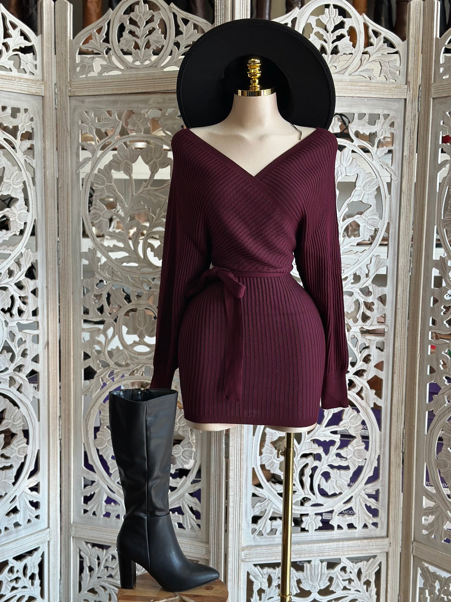 Dark Burgundy Wrapped Sweater Mini Dress- Stretchy,Estira