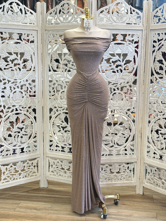 Golden Glow Ruched Evening Dress - Estira, Stretchy