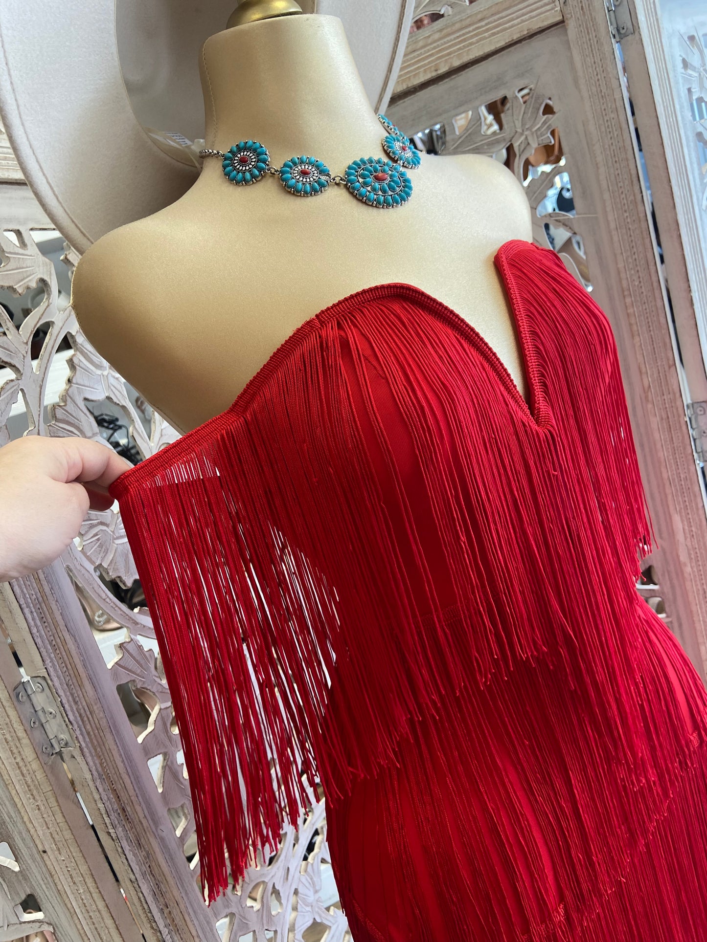 Red Fringe Dress- Stretchy, Estira