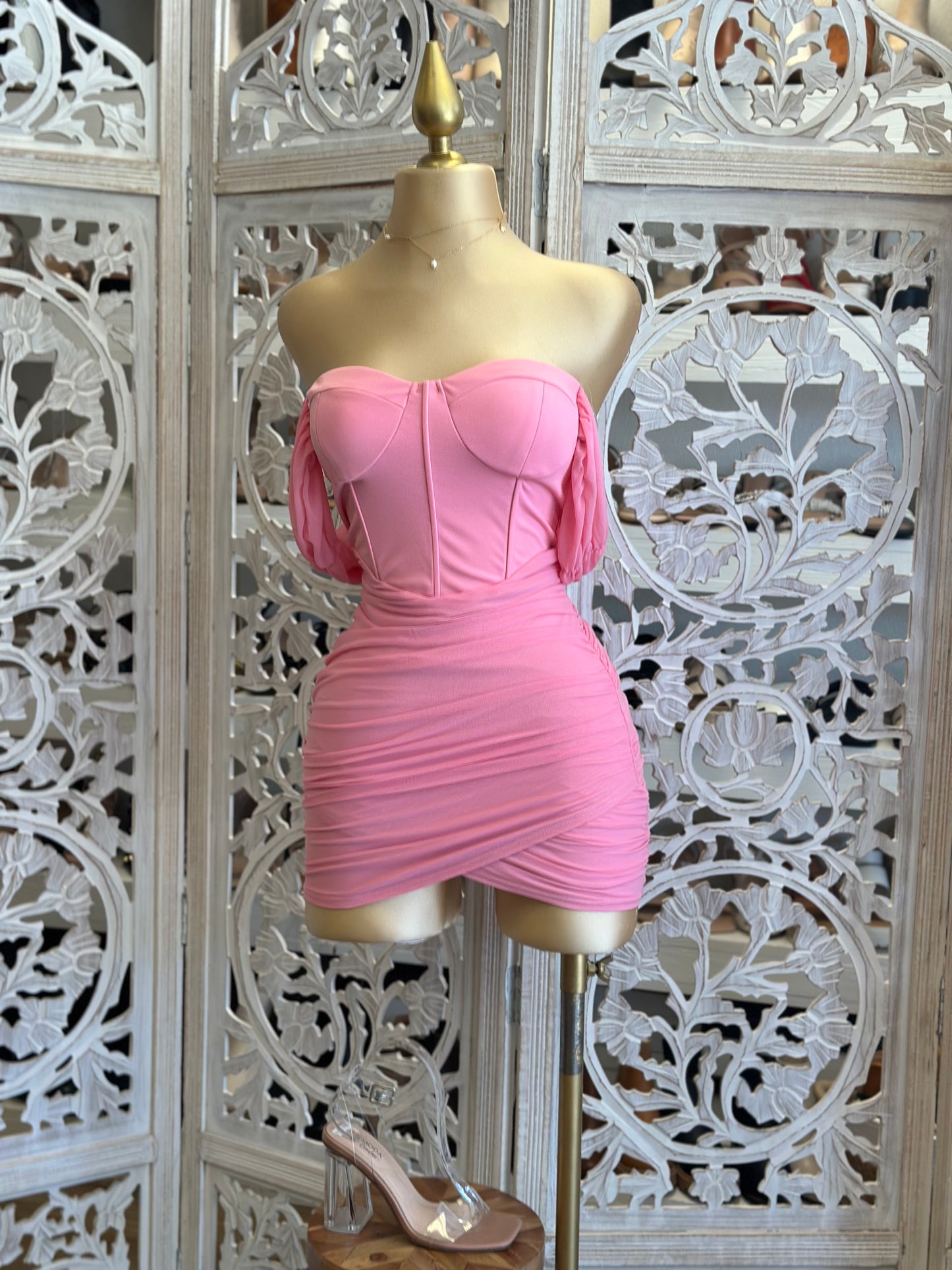 Bubble Pink Off Shoulder Ruched Mini Dress- Stretchy