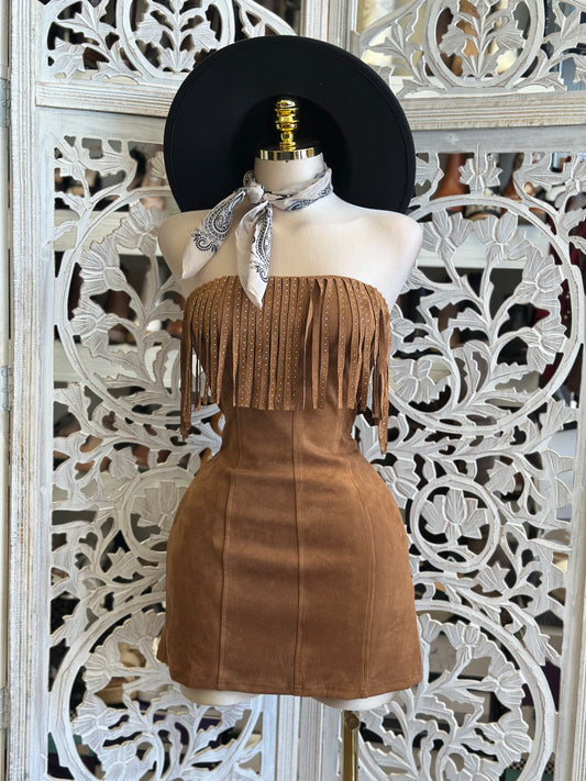 Suede Fringe Mini Dress-Estira, Stretchy