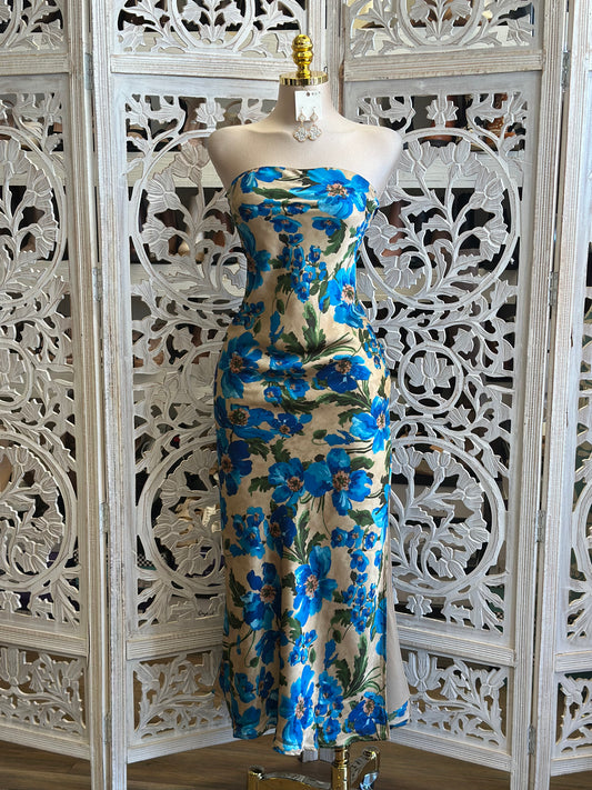 Royal Floral Panted Strapless Dress-No Estira, Not Stretchy