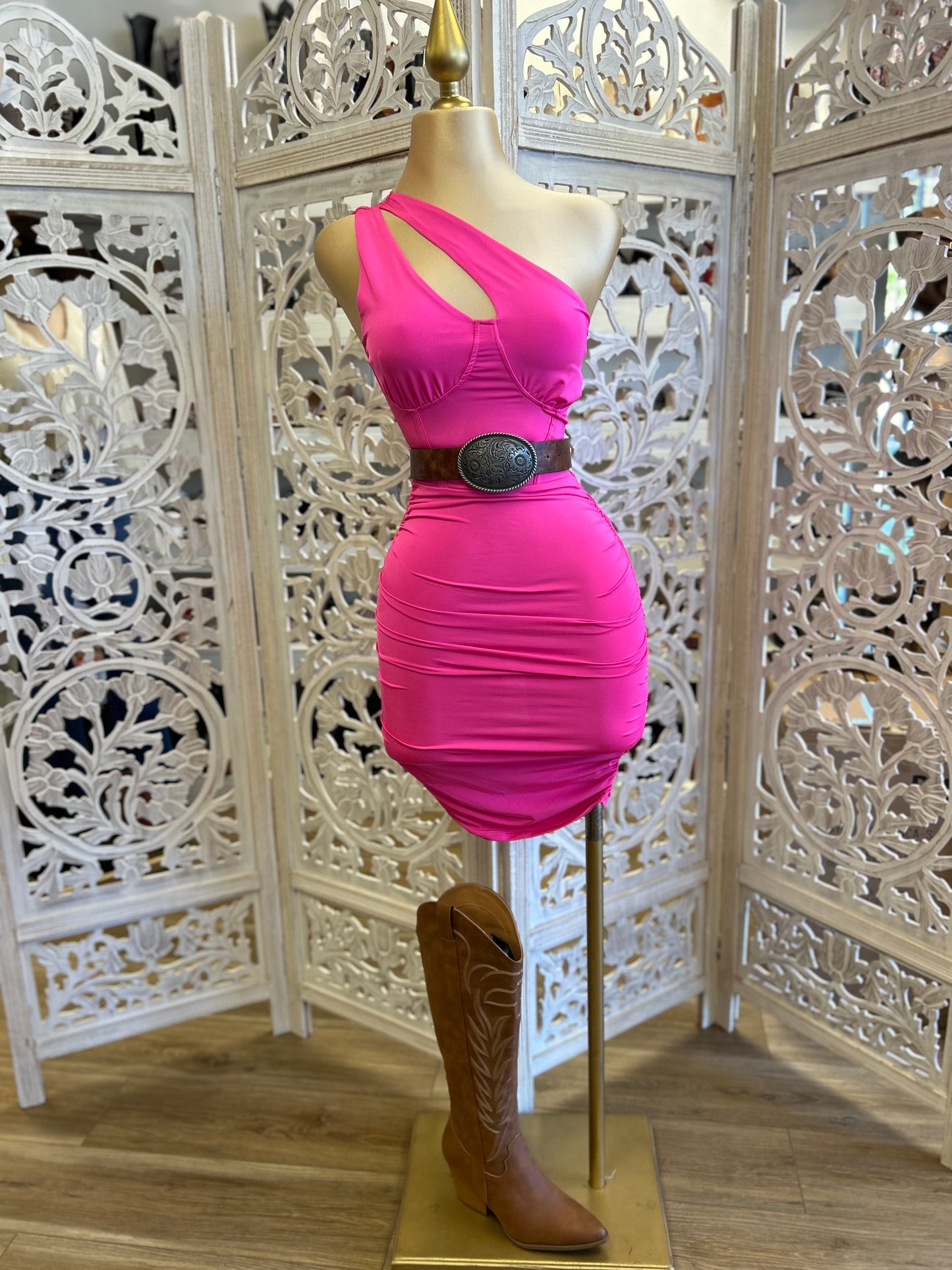 Hot Pink One Sleeve Cutout Mini Dress- Stretchy