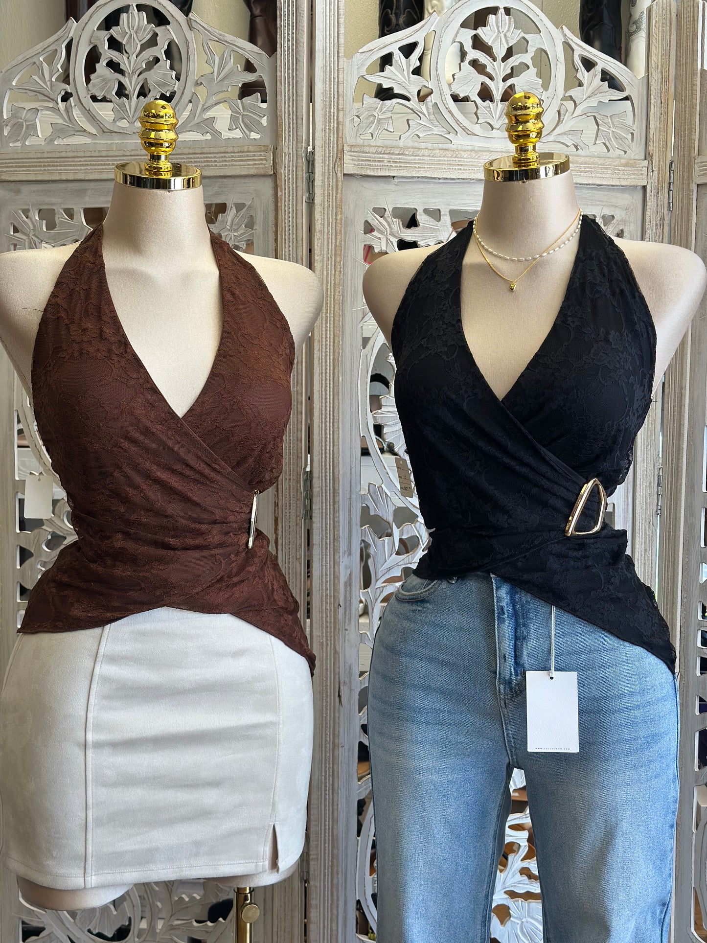 Wrapped Lace Open Back Top- Estira, Stretchy