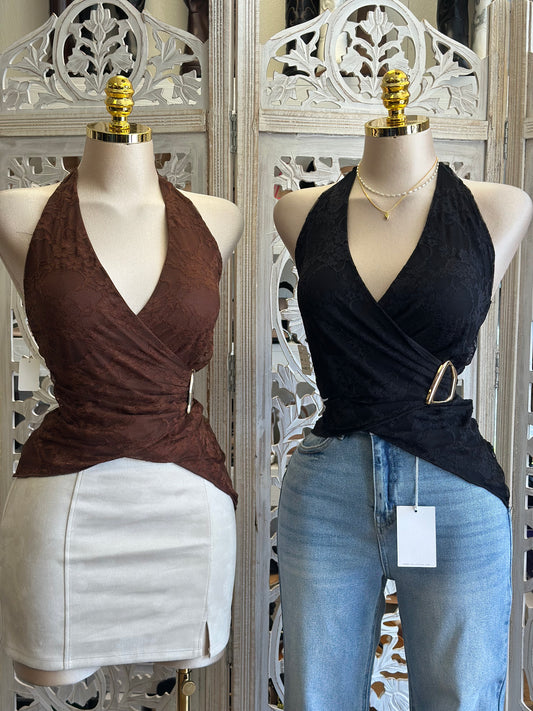 Wrapped Lace Open Back Top- Estira, Stretchy