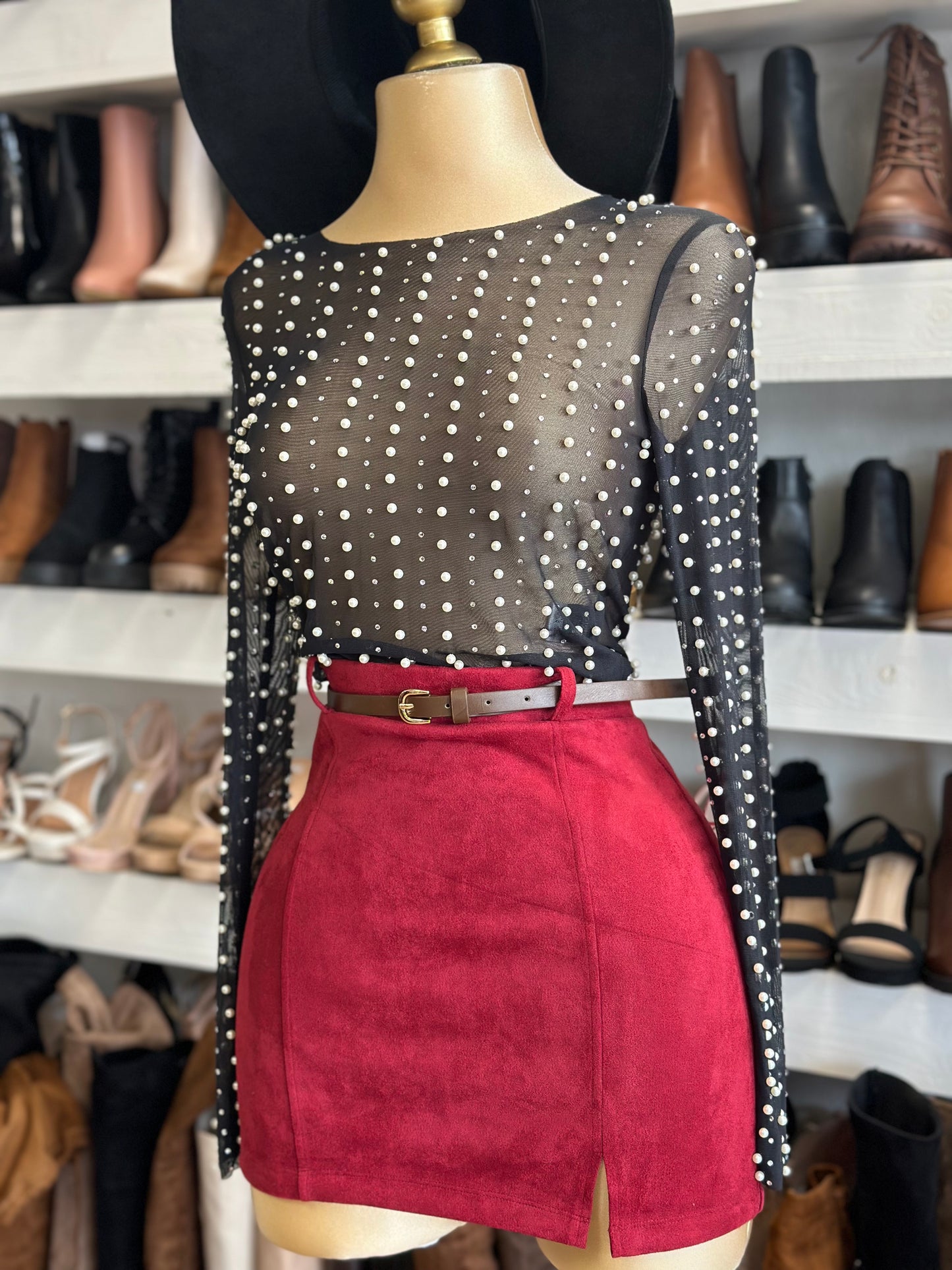 Red Suede Mini Skirt with Belt