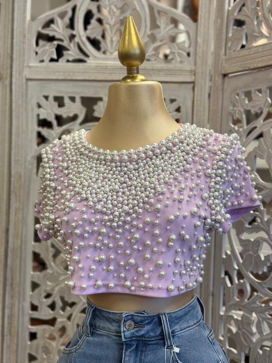 Lavender Mauve Pearl Cropped Blouse- Stretchy