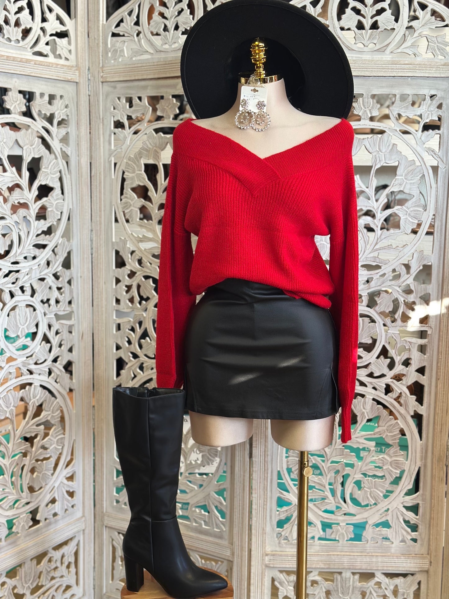 Red V Off Shoulder Knit Sweater