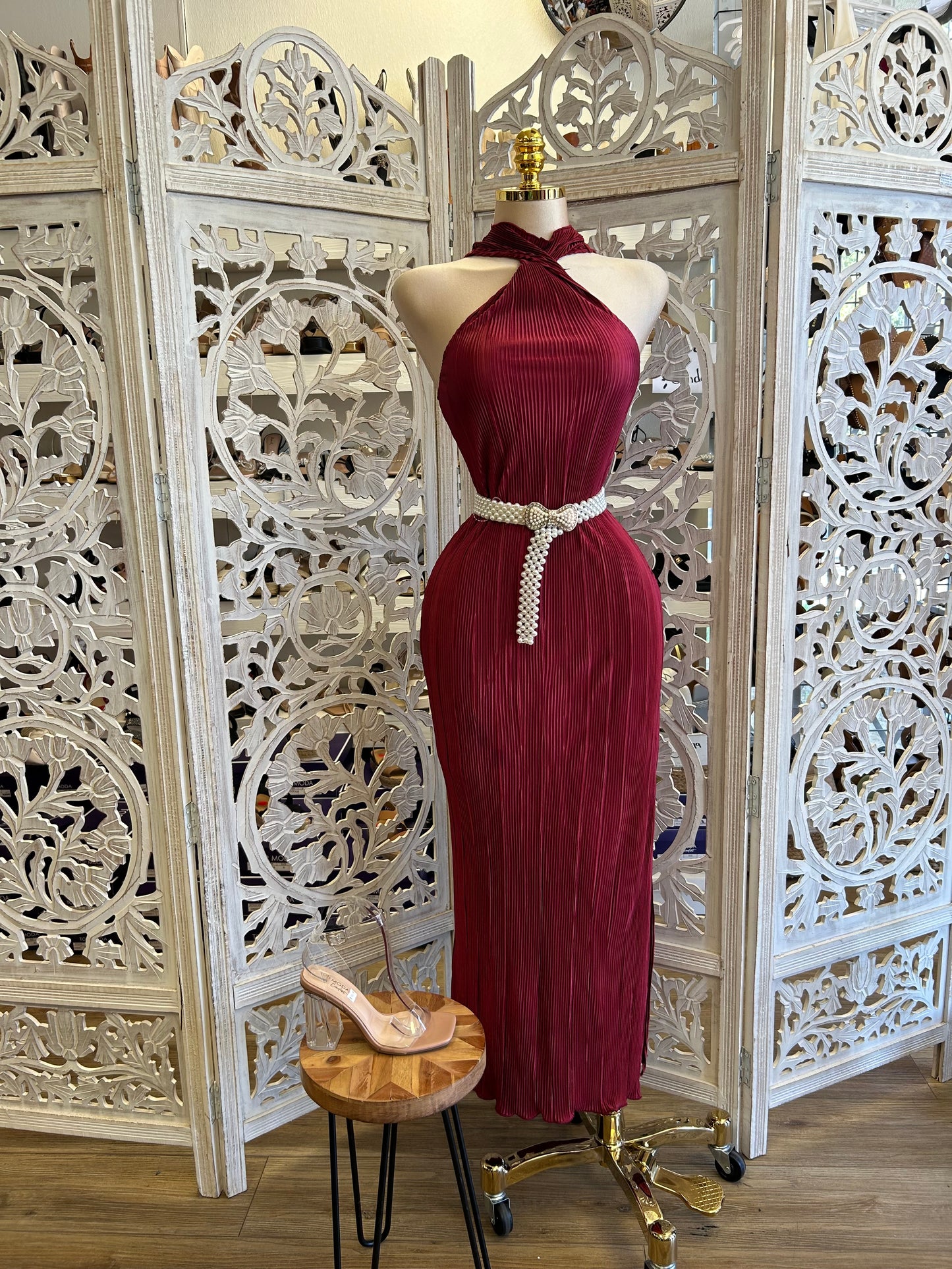 Burgundy Scrunched Twisted Front Dress- Stretchy