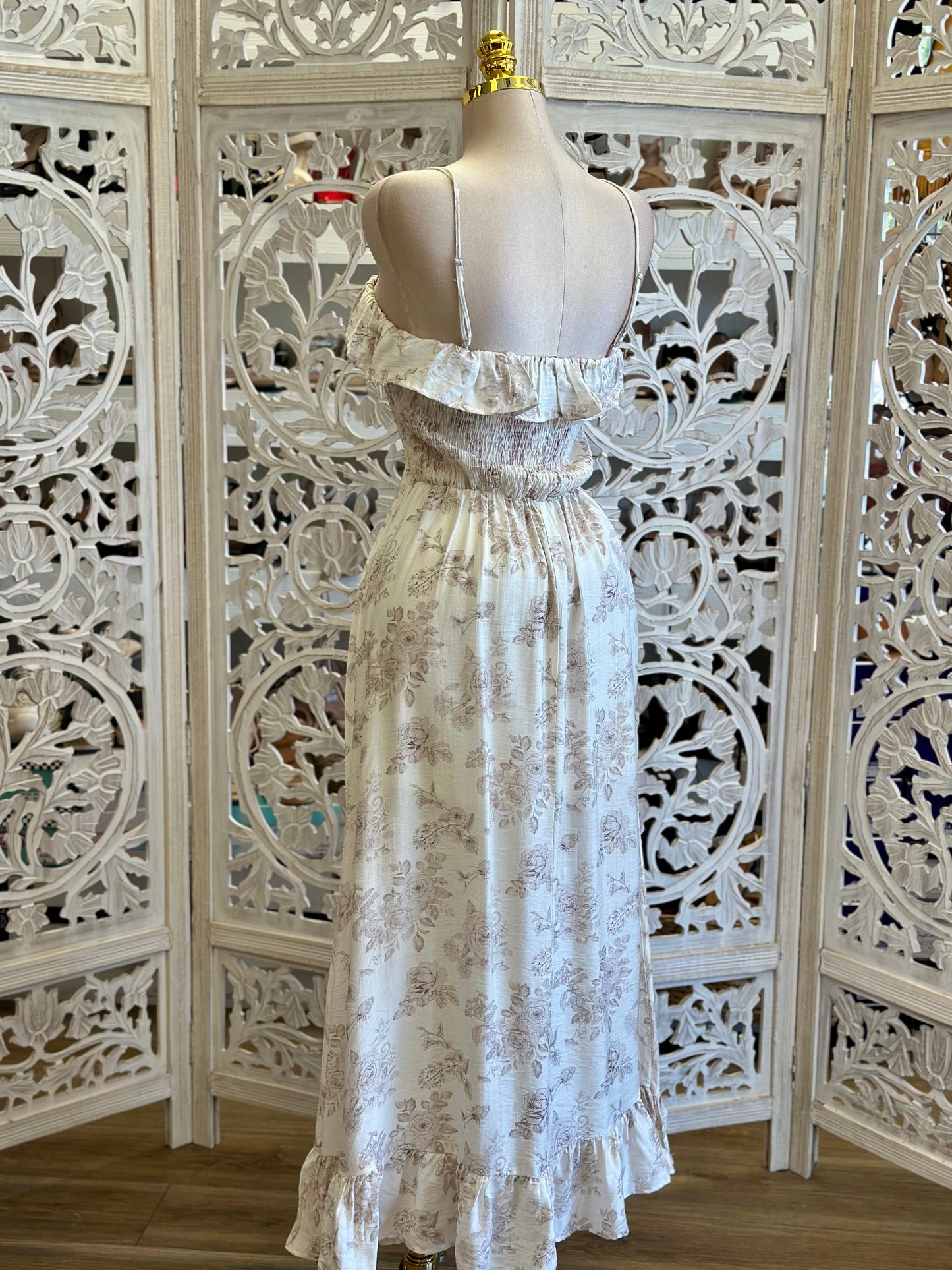Soft Ivory Rose Maxi Pattern Dress- Estira, Stretchy