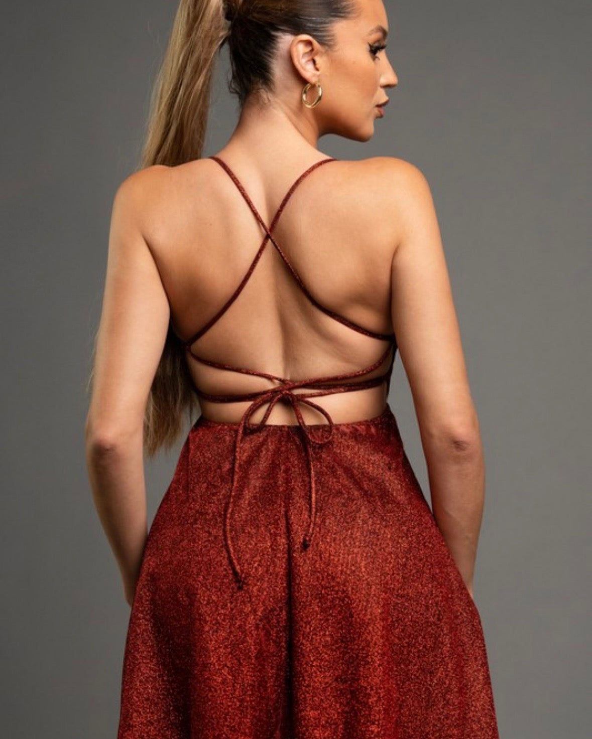 Cross Back Flowy Glitter Dress- Stretchy, Estira