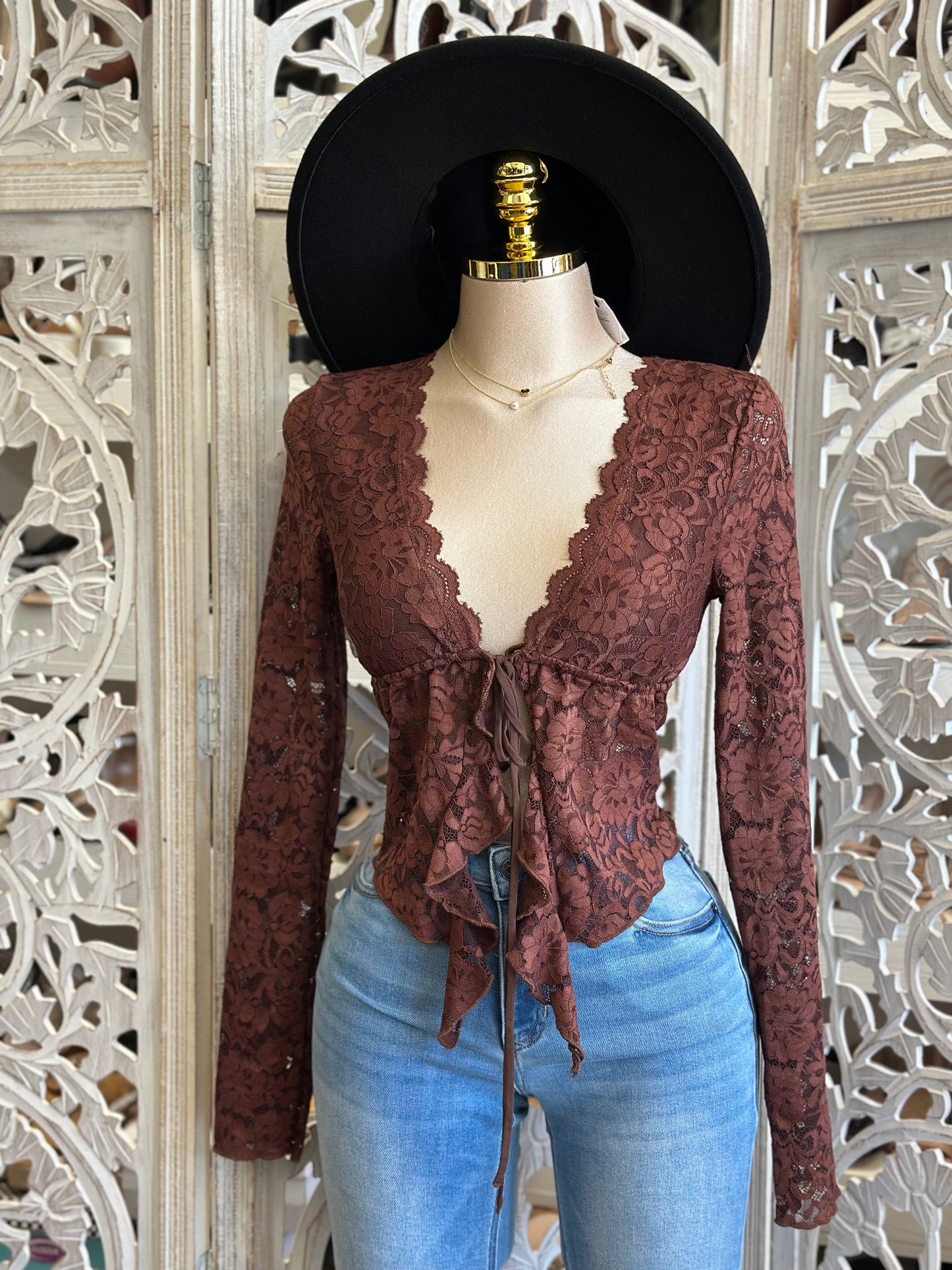 Black Lace Long Sleeve Blouse- Estira, Stretchy