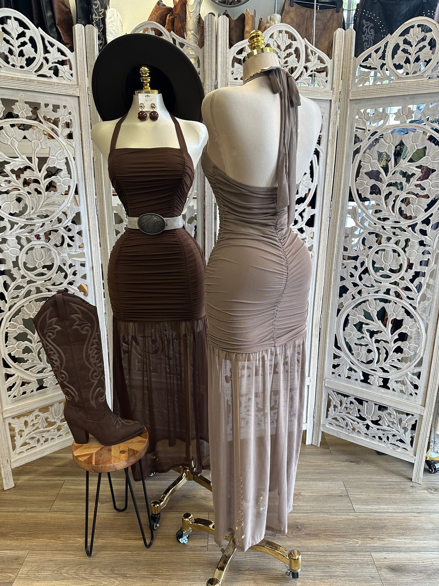 Desert Sunset Ruched Halter Mesh Maxi Dress -Stretchy,Estira
