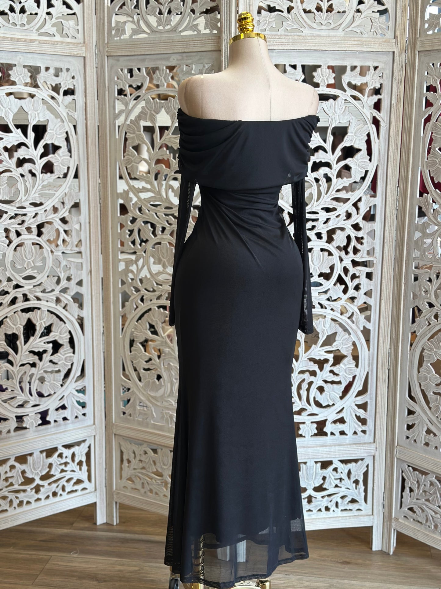 Black Off Shoulder Midi Dress- Stretchy, Estira