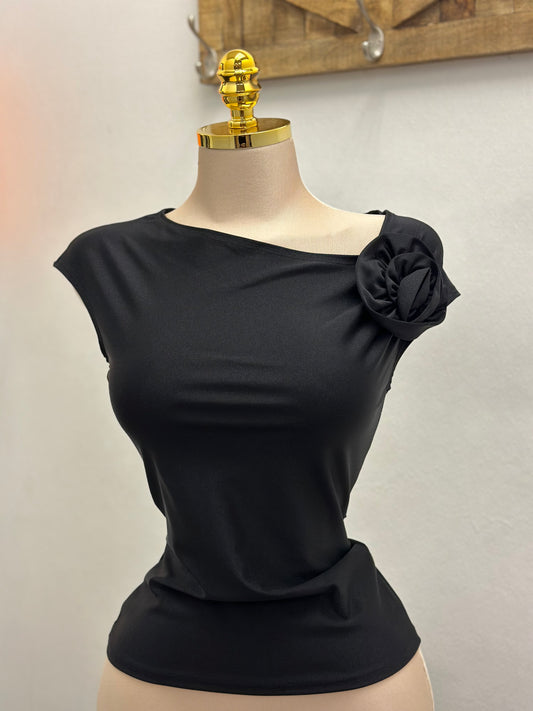 Black Asymmetrical Flower Detail Blouse- Stretchy, Estira