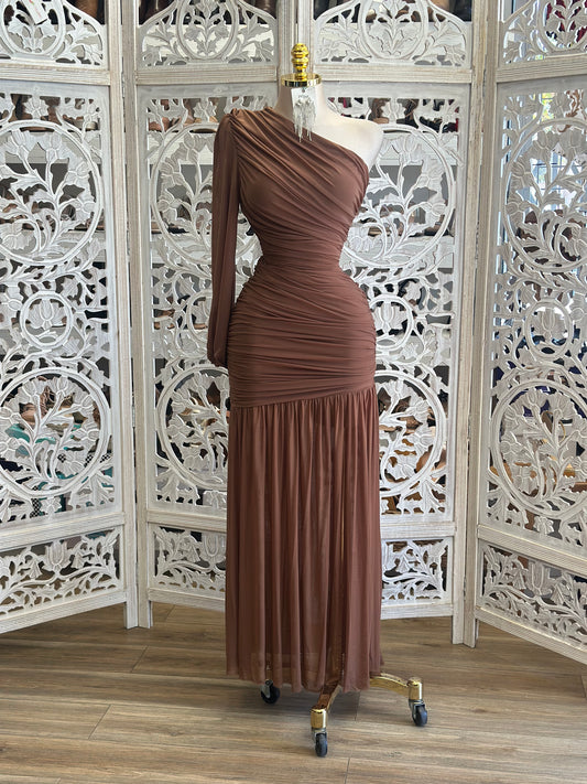 Draped One Sleeve Mesh Maxi Dress -  Estira, Stretchy