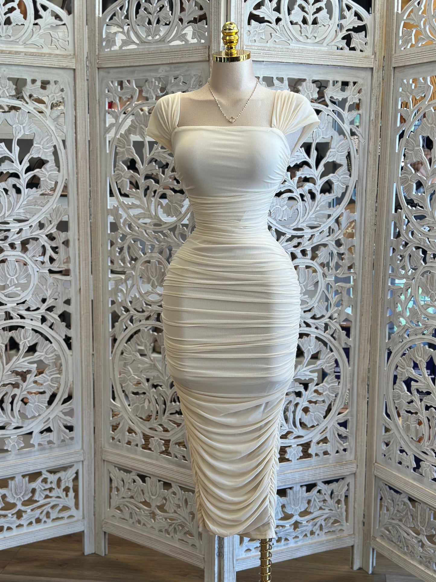 Ivory Ruched Midi Dress- Stretchy , Estira