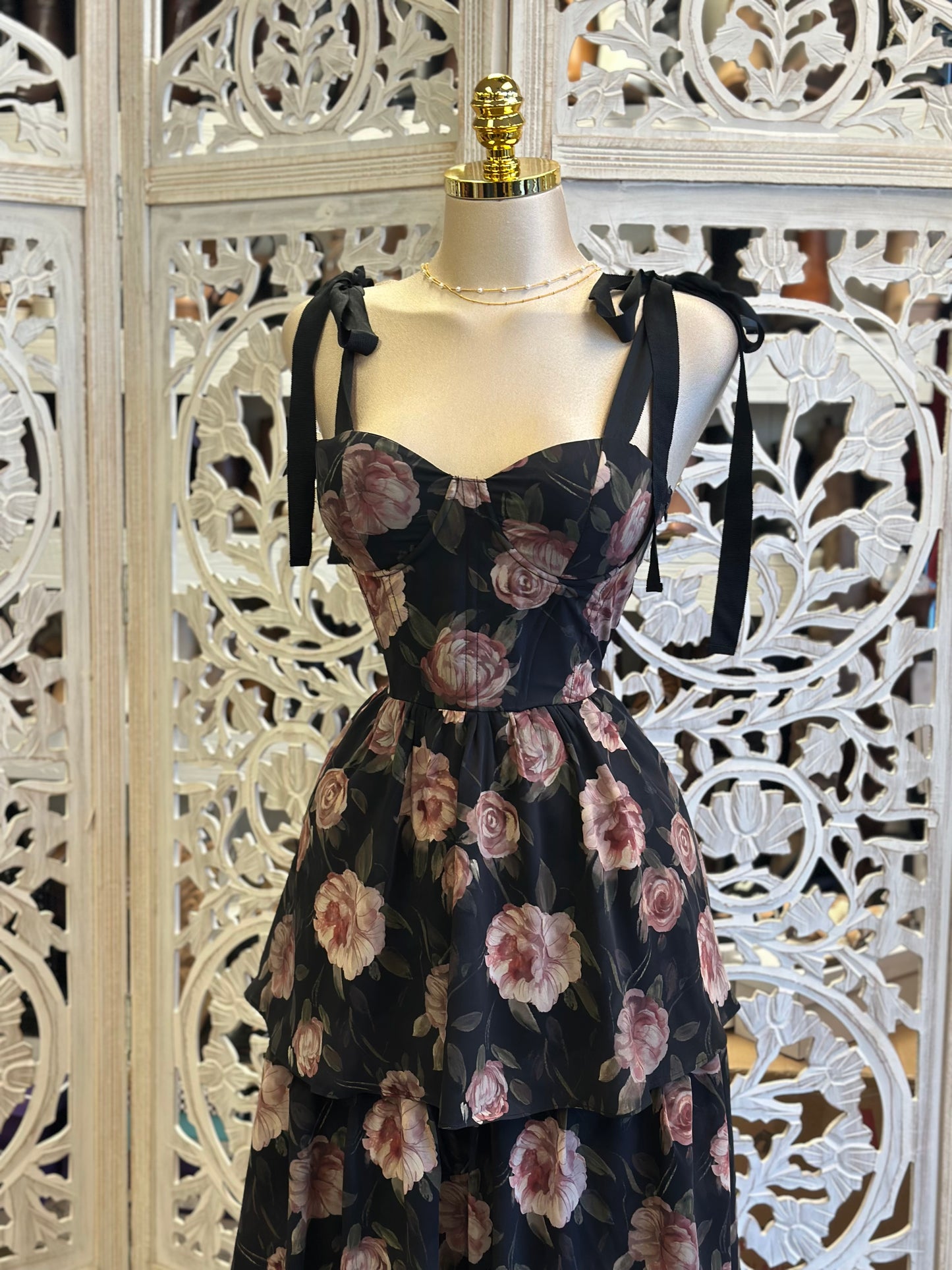 Ribbon Strap Blush Floral Dress -Stretchy,Estira