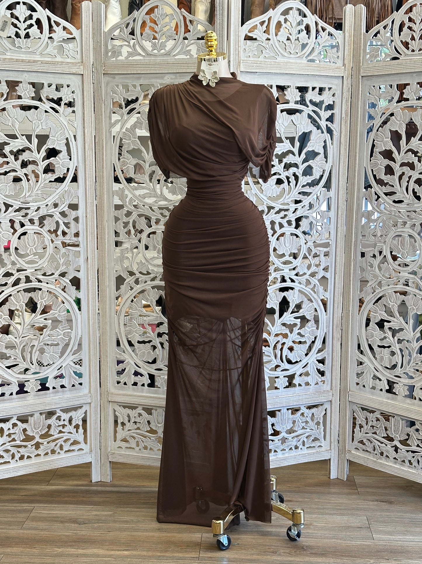 Earth Brown Shawl Maxi Dress- Stretchy, Estira