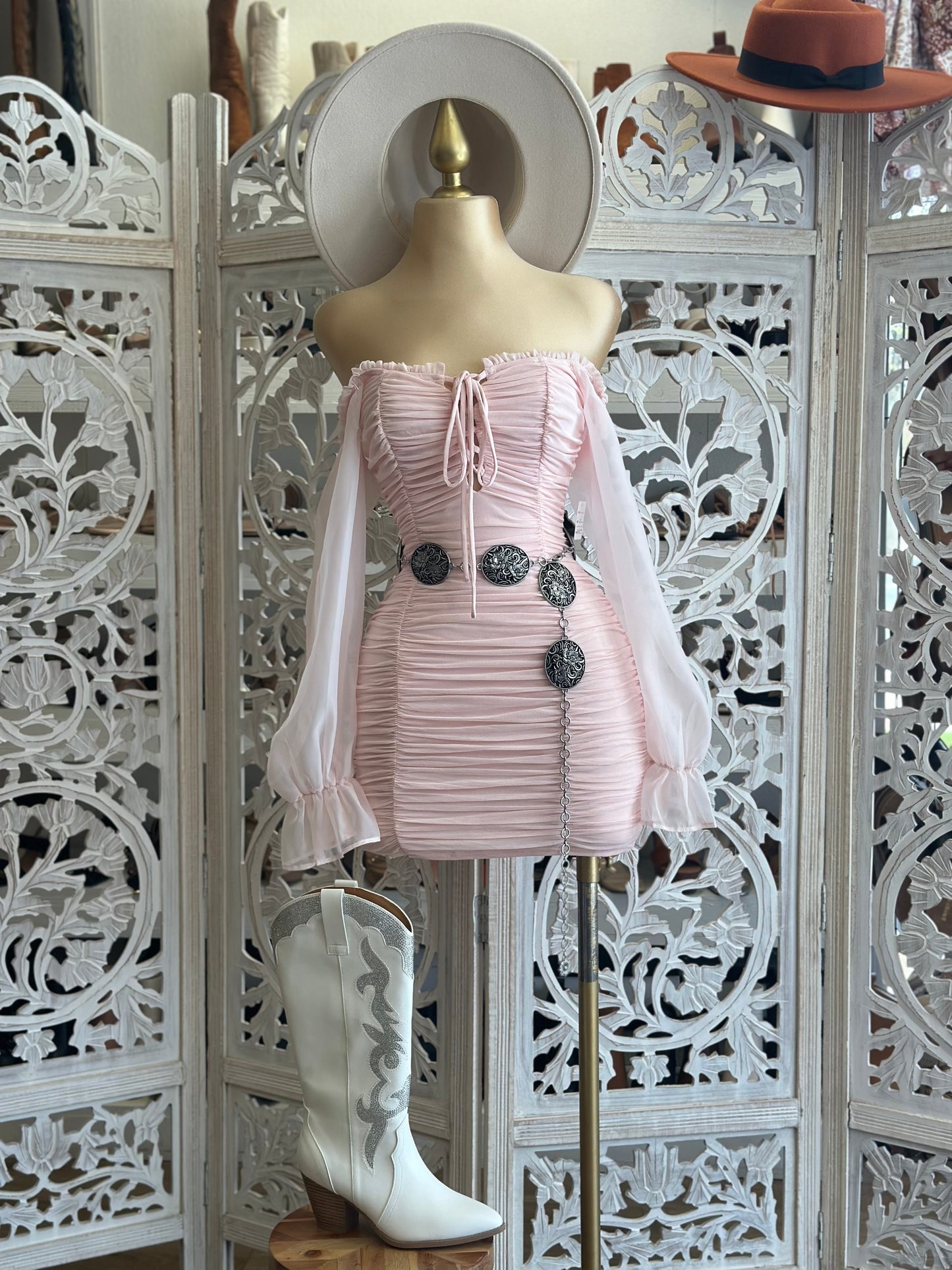 Light Pink Ruched Mini Dress- Stretchy