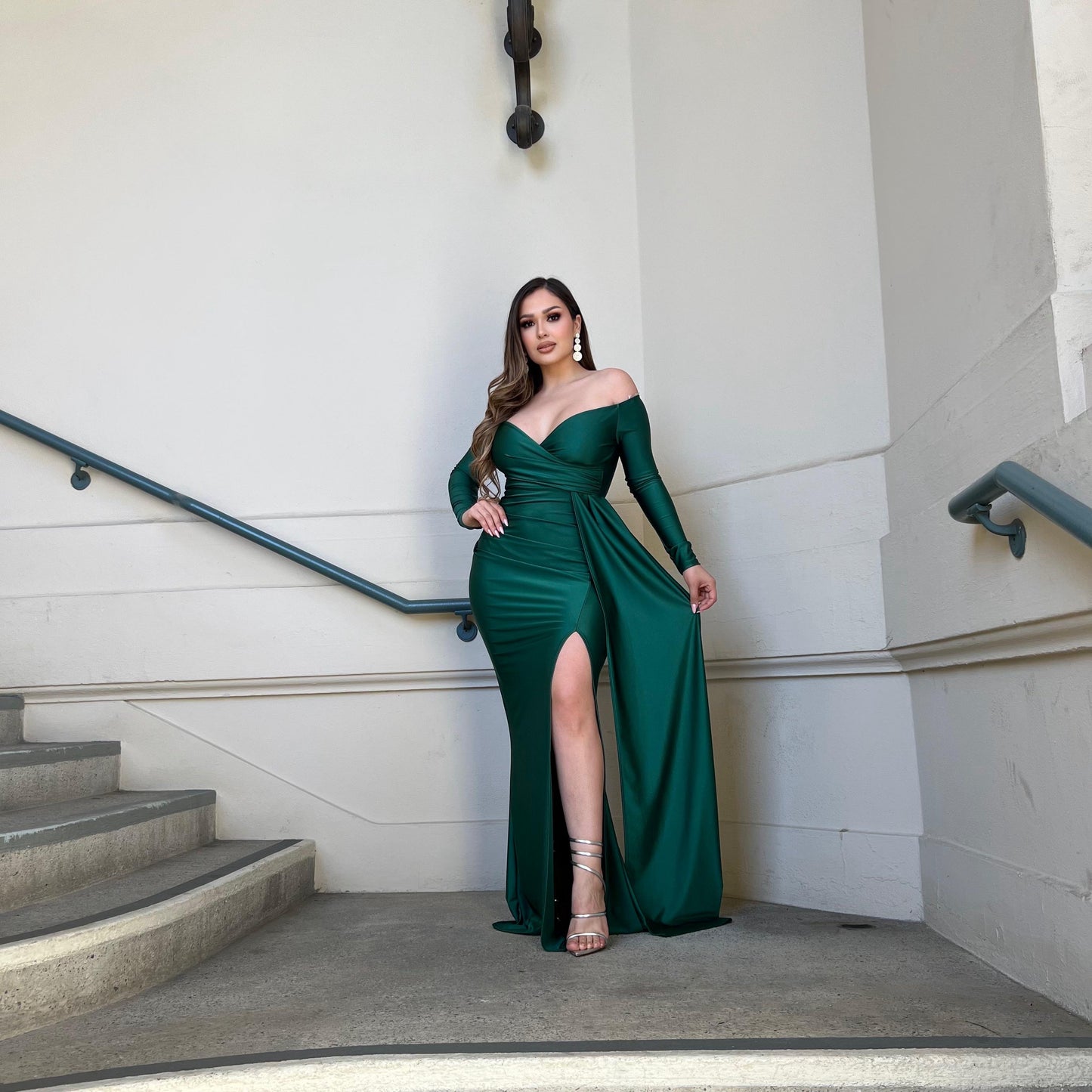 Pine Green Wrapped High Slit Dress -  Estira, Stretchy