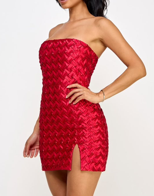 Red Satin Thick Woven Mini Dress- Stretchy,Estira