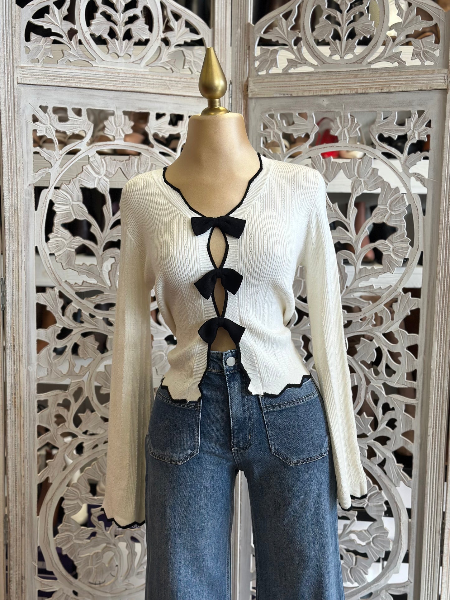 Black Bow Button Knitted Top- Estira, Stretchy