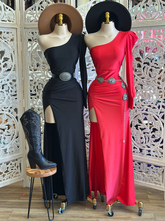 Puff Sleeve High Slit Evening Dress - Estira , Stretchy