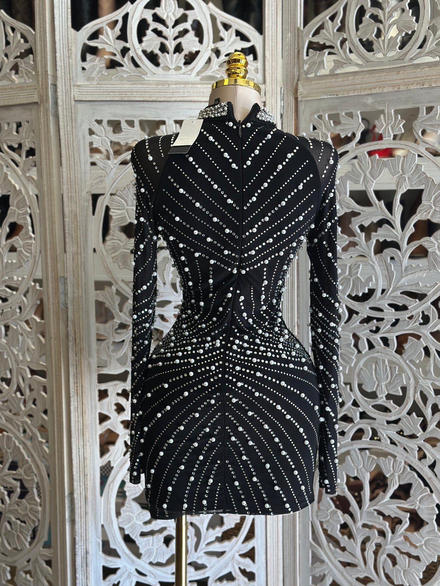 Embellished Black Mini Dress- Stretchy,Estira