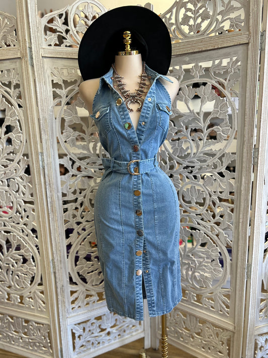 Collard Denim Button Up Dress - Estira Poco, Slightly Stretchy