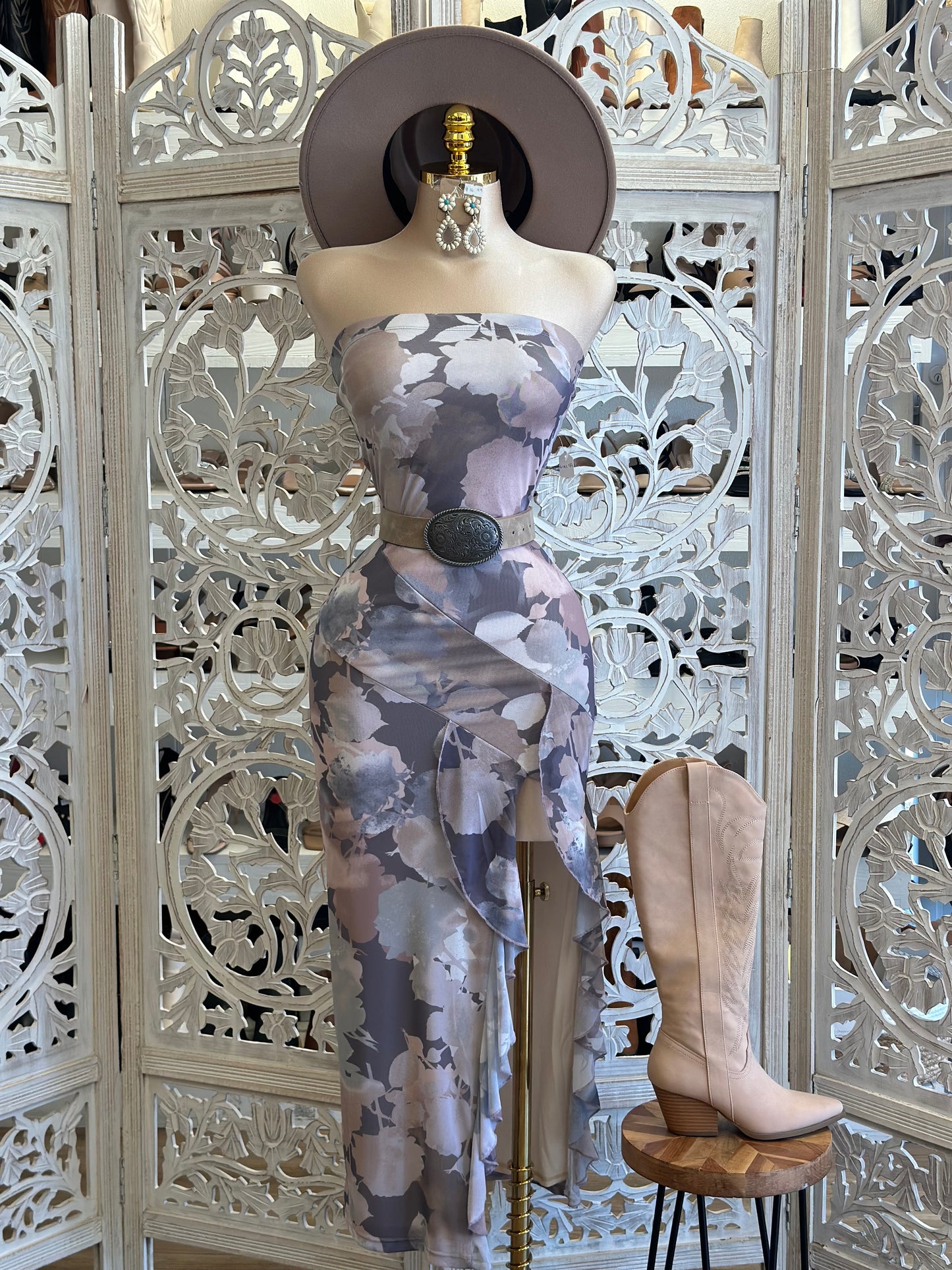 Purple Patterned Strapless Ruffled Dress- Stretchy, Estira