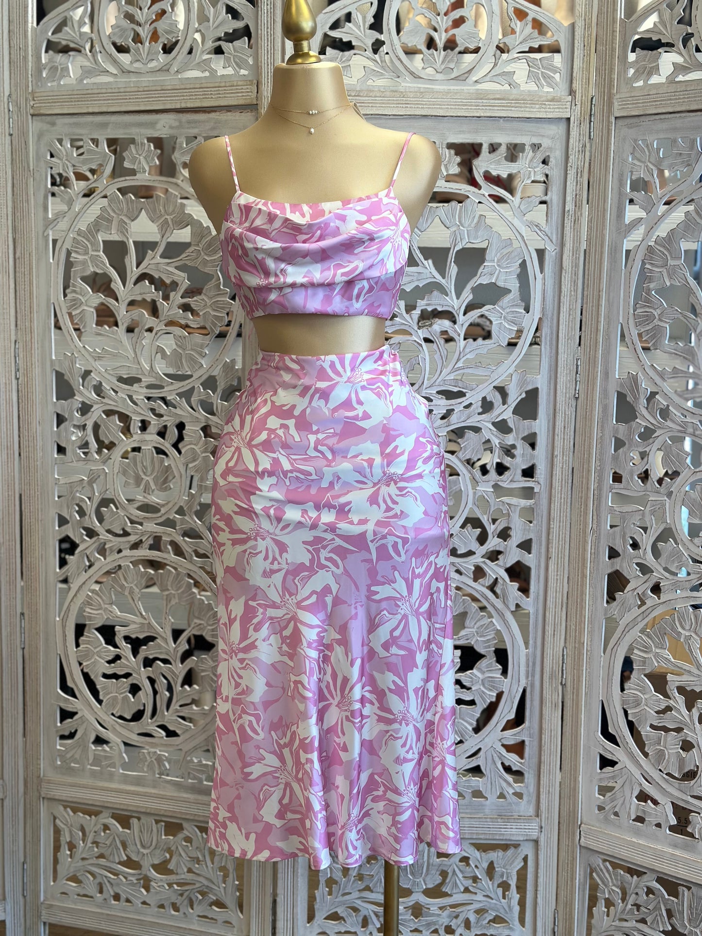 Pink Patterned Midi Skirt Set-  Not Stretchy