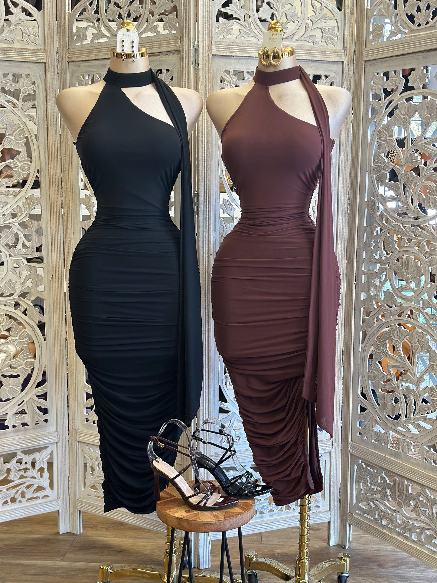 Scarfed High Neck Ruched Midi Dress- Stretchy