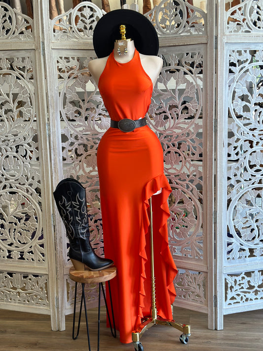 Orange High Slit Ruffle Maxi Dress- Stretchy, Estira