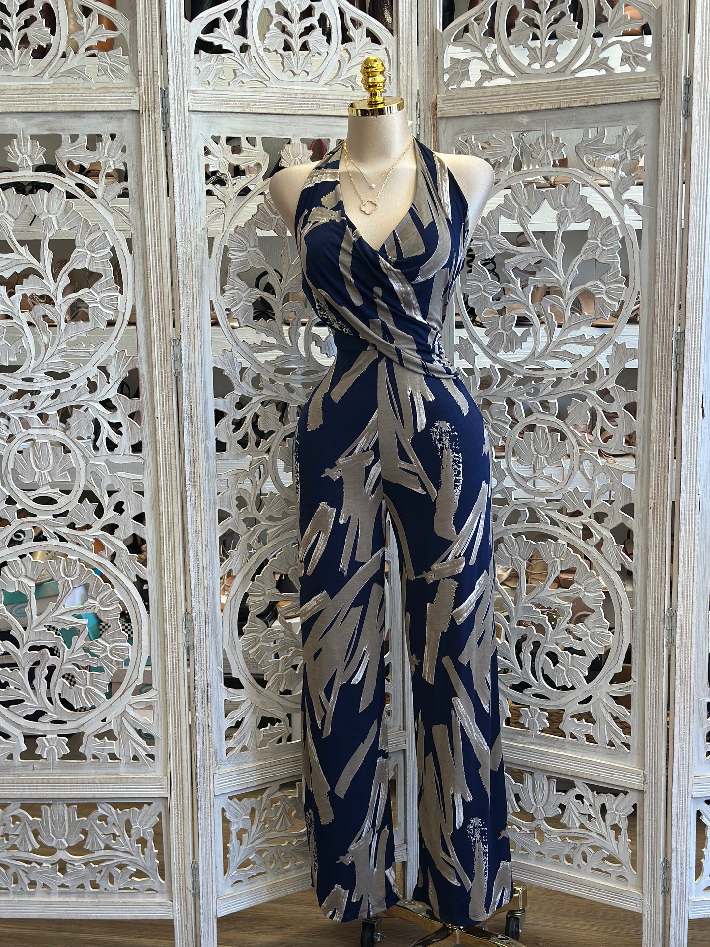 Deep Blue Pattern Jumpsuit - Stretchy,Estira