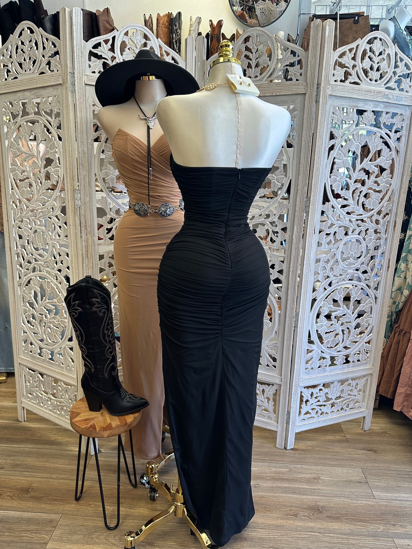 Sharp Strapless Slit Dress- Estira, Stretchy